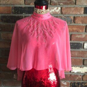 VINTAGE SHEER Pink, MOCK NECK, HAND BEADED CAPELET TOP